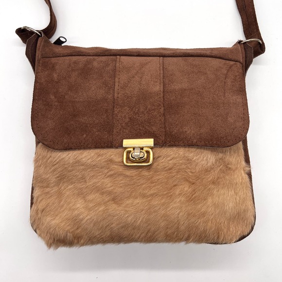 VINTAGE Kangaroo and Suede Shoulder Bag Womens Brown Tan Fur 60s to 70s Era - Picture 2 of 11